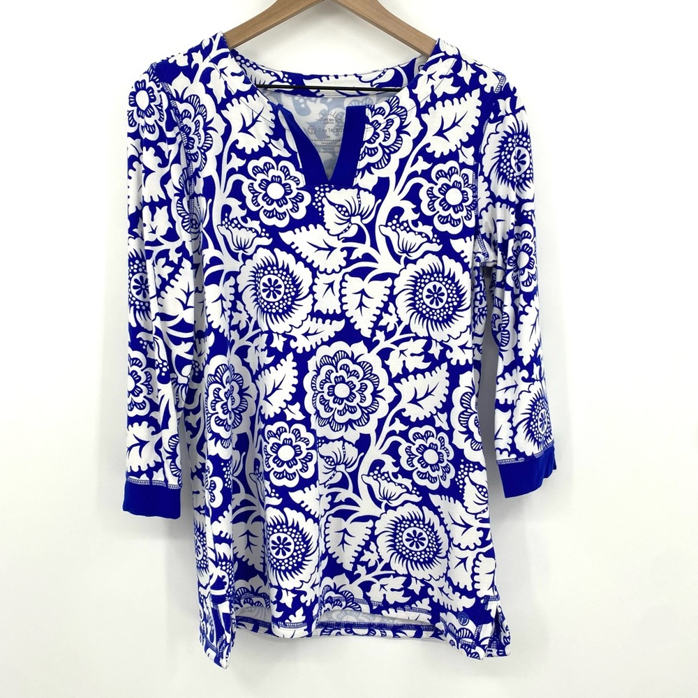 T by Talbots Tunic Top‎ Women’s Medium UPF 50+ Sun Protection Blue White Print